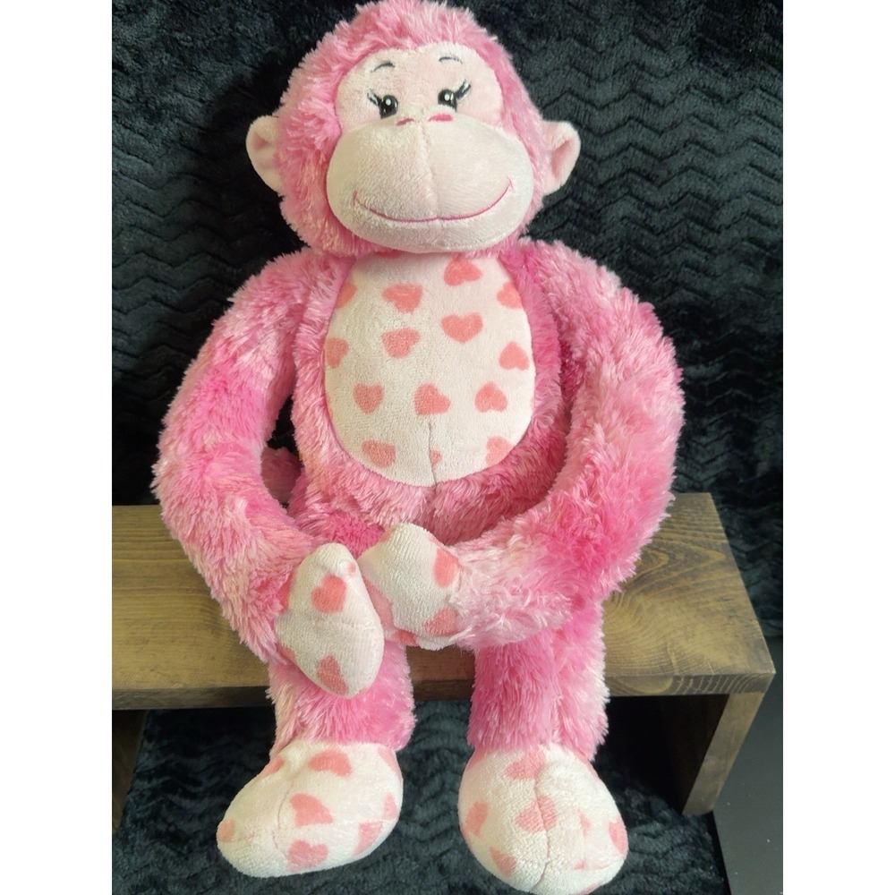 BUILD A BEAR Hugs Fur You Monkey Plush Pink Hearts BABW Stuffed Valentine 18"